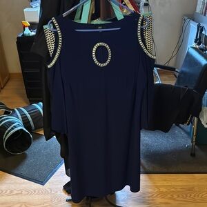 Navy Cold Shoulder Dress with Gold Accents